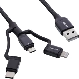 InLine® 3-in1 USB Kabel, Micro-USB/Lightning/USB-C, schwarz/Alu, 1,5m MFi