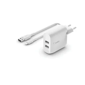 Dual USB-A Charger W/Lightning Cable 1M 24W White